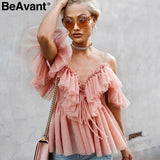 BeAvant Off shoulder Backless sexy peplum Vintage ruffle tops and blouses