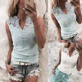 Women Summer Lace Solid Sleeveless Casual Tank Hollow Back Shirt