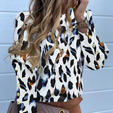 Women Metal Buttons Long Sleeve Blouse Office Casual Print Tops