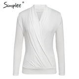 Simplee V neck office ladies blouses shirts Long sleeve white tops