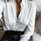 CROPKOP Casual Solid office Tops Sexy Buttons Long sleeve Blouse