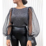 Elegant Knitted Patchwork Blouse Puff Sleeve O-neck Streetwear