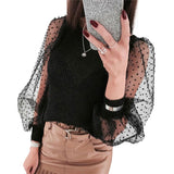 Elegant Knitted Patchwork Blouse Puff Sleeve O-neck Streetwear