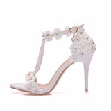 Women Sandals White Lace Flowers Pearl Tassel Bridal 9cm Heel Fine High Heels Slender