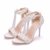 Women Sandals White Lace Flowers Pearl Tassel Bridal 9cm Heel Fine High Heels Slender