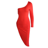 Viifaa One Shoulder Cut Out Side Asymmetrical Hem Bodycon Ruched Midi Party Dress