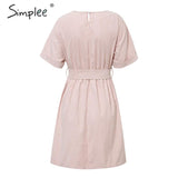 Simplee High waist short dress Belt batwing sleeve summer dress
