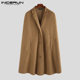 INCERUN Winter Men Cloak Coats Solid Streetwear Faux Blends Fleece Overcoat