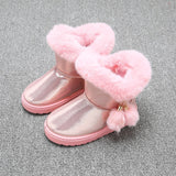 Girl Snow Boots Waterproof Kids Cotton Thicken Rubber Anti-Slip Sole Solid Color Cute Fur Ball