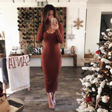 Knitted Bodycon Maxi Dress Casual Sexy V-Neck Long Sleeve