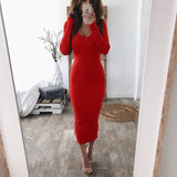 Knitted Bodycon Maxi Dress Casual Sexy V-Neck Long Sleeve