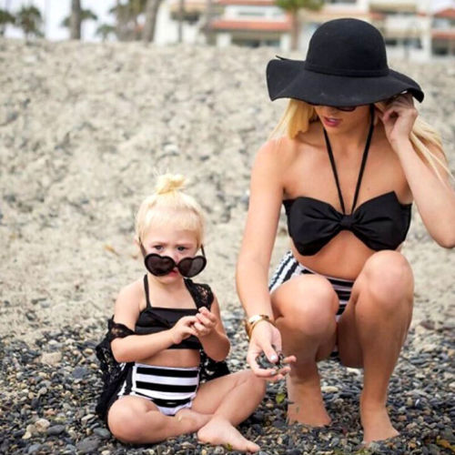 Family Matching Women Kids Swimwear Bandage Bow Bikini