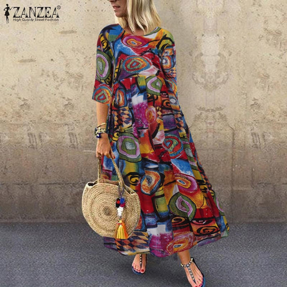 Summer Bohemian Printed ZANZEA Long Maxi Dresses Vintage Vestido
