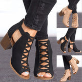 Women Square Heel Peep Toe Hollow Out Chunky Gladiator Sandals