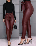 Hirigin Belt High Waist Pencil Pant Women Faux Leather PU Sashes Trousers
