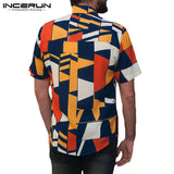 INCERUN Men Beach Shirt Geometric Print Short Sleeve Lapel Neck Button Leisure Hawaiian Shirts