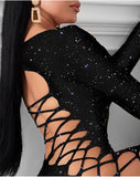 Sexy Bling Bodycon Mini Dress Long Sleeve Glitter Bandage Hollow out