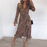 Zebra Print Beach Bohemian Maxi Dress Long Sleeve V Neck Ruffles Elegant Vestidos