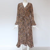 Zebra Print Beach Bohemian Maxi Dress Long Sleeve V Neck Ruffles Elegant Vestidos