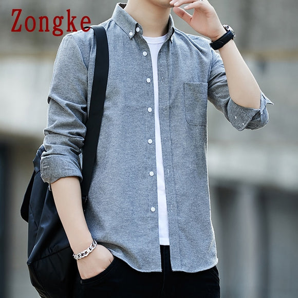 Zongke Men's Solid Slim Fit Oxford Cotton Long Sleeve Casual Shirt