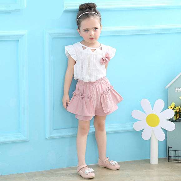 Summer Clothing Fashion girl Flowers T-shirt Tops And Shorts Pants