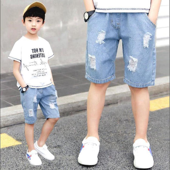 Summer Ripped jean Short Casual Light Blue Solid Kids Denim Pant 110-160cm