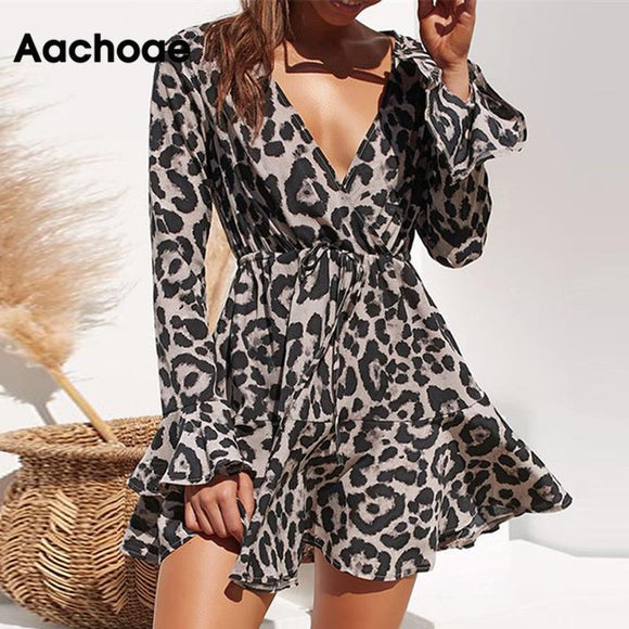 Summer Chiffon Women Leopard Print Boho Beach Dress Ruffle Long Sleeve A-line