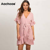 Boho Style Beach Dress Short Sleeve V-neck Polka Dot A-line Sundress