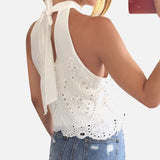 White Chiffon Off Shoulder Women's Top Cropped Hollow Blouses