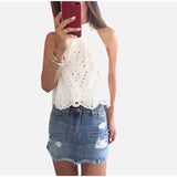 White Chiffon Off Shoulder Women's Top Cropped Hollow Blouses