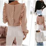 Women Ruffles Buttons OL Blouse O-Neck Long Sleeve Solid Tops