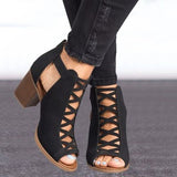 Women Square Heel Peep Toe Hollow Out Chunky Gladiator Sandals