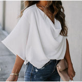 Summer Batwing Half Sleeve Women's White V-neck Loose Streetwear Blouse