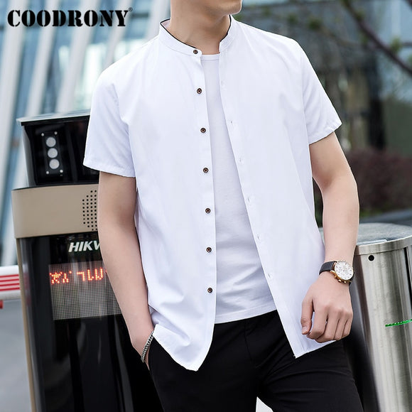 COODRONY Mandarin Collar Short Sleeve Men Cool Cotton Shirt