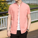 COODRONY Mandarin Collar Short Sleeve Men Cool Cotton Shirt