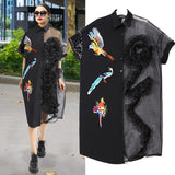 Summer Black Midi Mesh & Chiffon Ruffle Bird Embroidery Ladies Dress