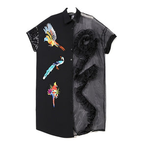 Summer Black Midi Mesh & Chiffon Ruffle Bird Embroidery Ladies Dress