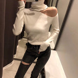 Knitted Sweater Off Shoulder Pullovers Long Sleeve Turtleneck