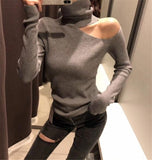 Knitted Sweater Off Shoulder Pullovers Long Sleeve Turtleneck