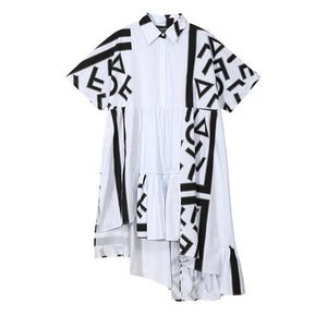 Women Stylish White Midi Shirt Dress Geometric Printed Plus Size