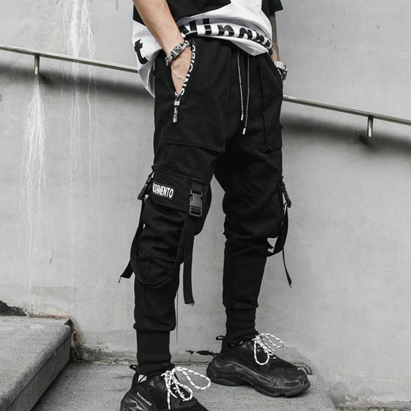 Hip Hop Joggers Men Black Harem Pants Multi-pocket Ribbons Sweatpant