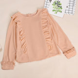 Women Ruffles Buttons OL Blouse O-Neck Long Sleeve Solid Tops