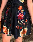 Summer Floral Print Women Sleeveless V-Neck Tie Waist Shirt Dress
