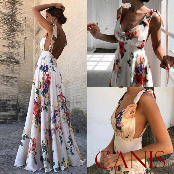 Women Long Maxi Floral Print Strappy Backless Pleated Dress