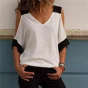 Women's Patchwork Cold Shoulder T-shirt Plus Size Tops V-Neck