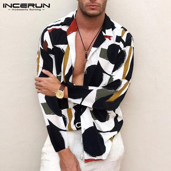 INCERUN Fashion Print Men Shirt Lapel Collar Streetwear Long Sleeve