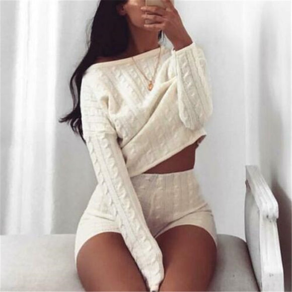 Women Cable Knit Crop Top Lounge Wear Tracksuit solid