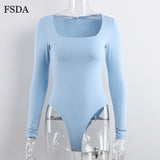 FSDA Long Sleeve Knitted Skinny Bodysuit Solid Square Collar