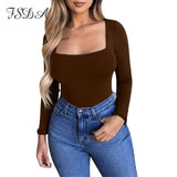 FSDA Long Sleeve Knitted Skinny Bodysuit Solid Square Collar