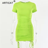 Articat Ruched Pleated Drawstring Short Sleeve Party Dress